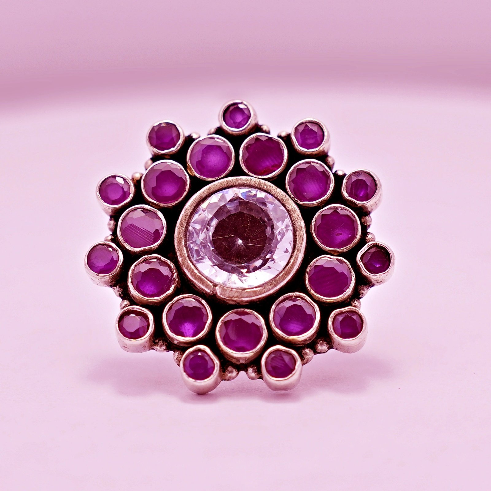 Traditional Oxidised Pink Cutstone Floral Ring