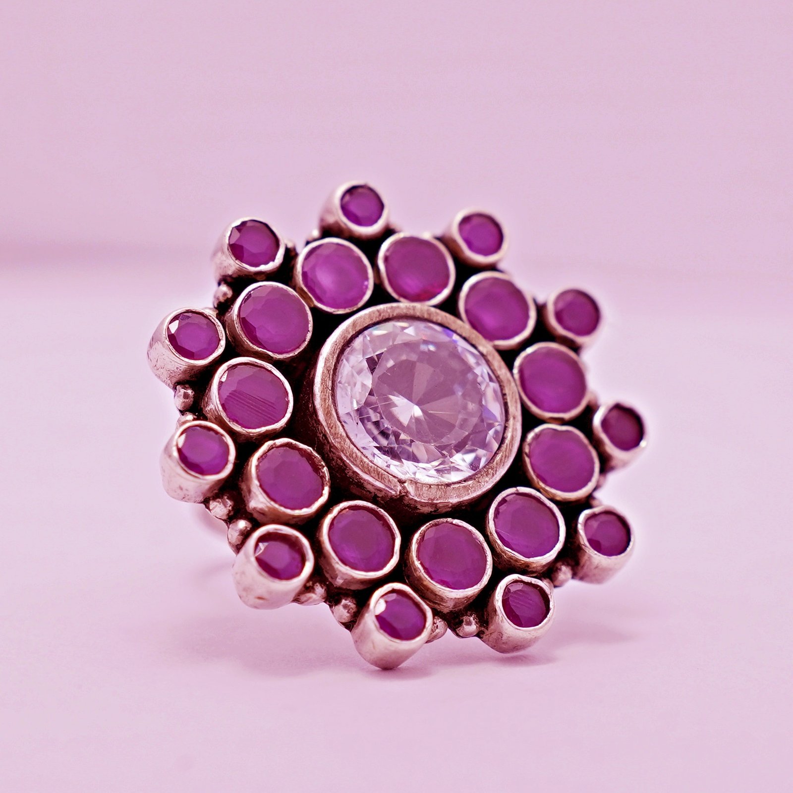 Traditional Oxidised Pink Cutstone Floral Ring - Image 2