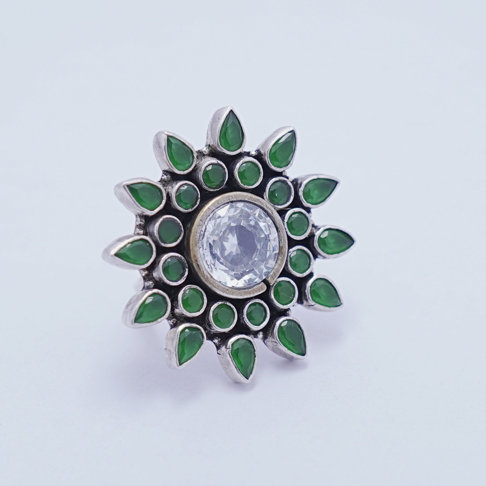 Traditional Oxidised Green Cutstone Floral Ring - Image 2
