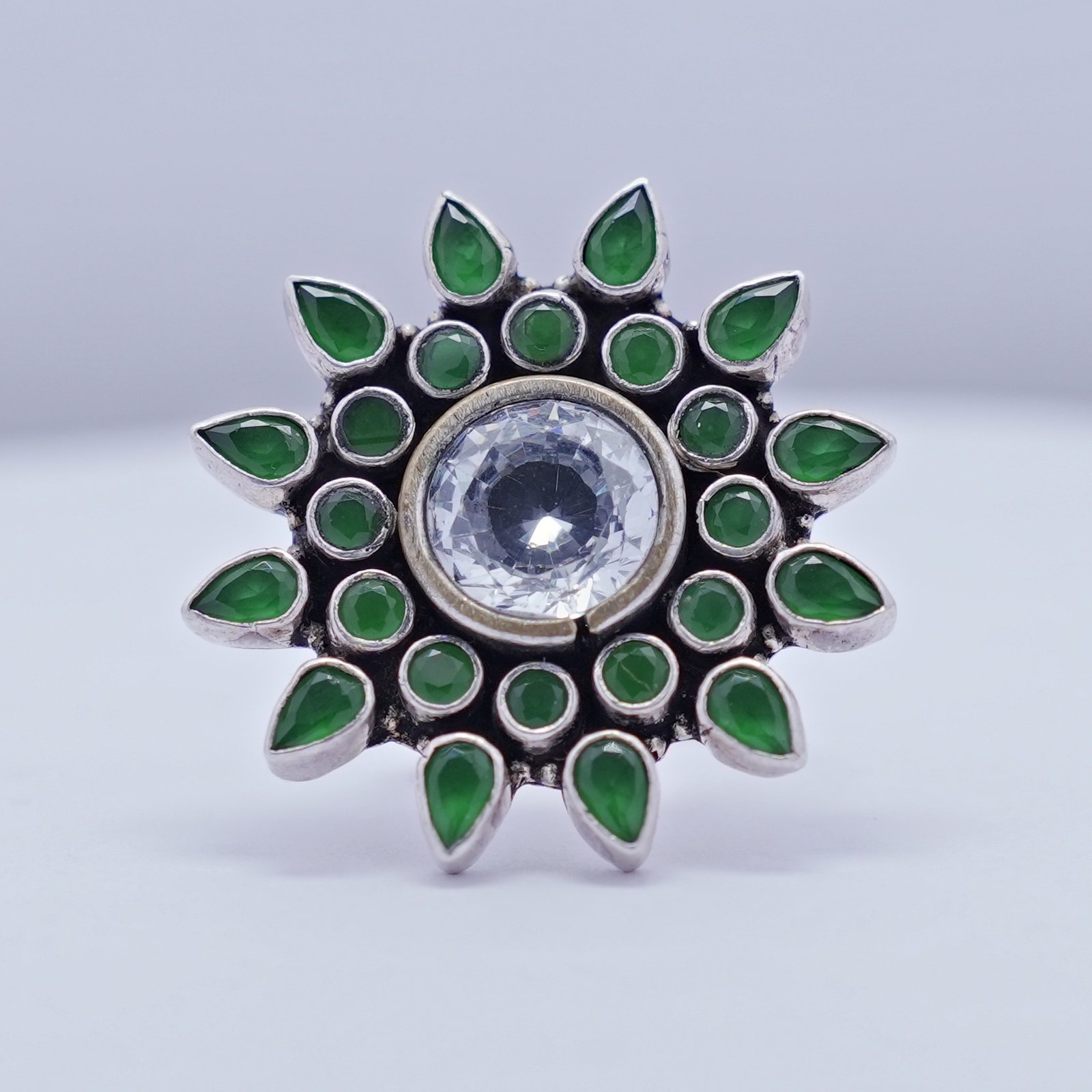 Traditional Oxidised Green Cutstone Floral Ring