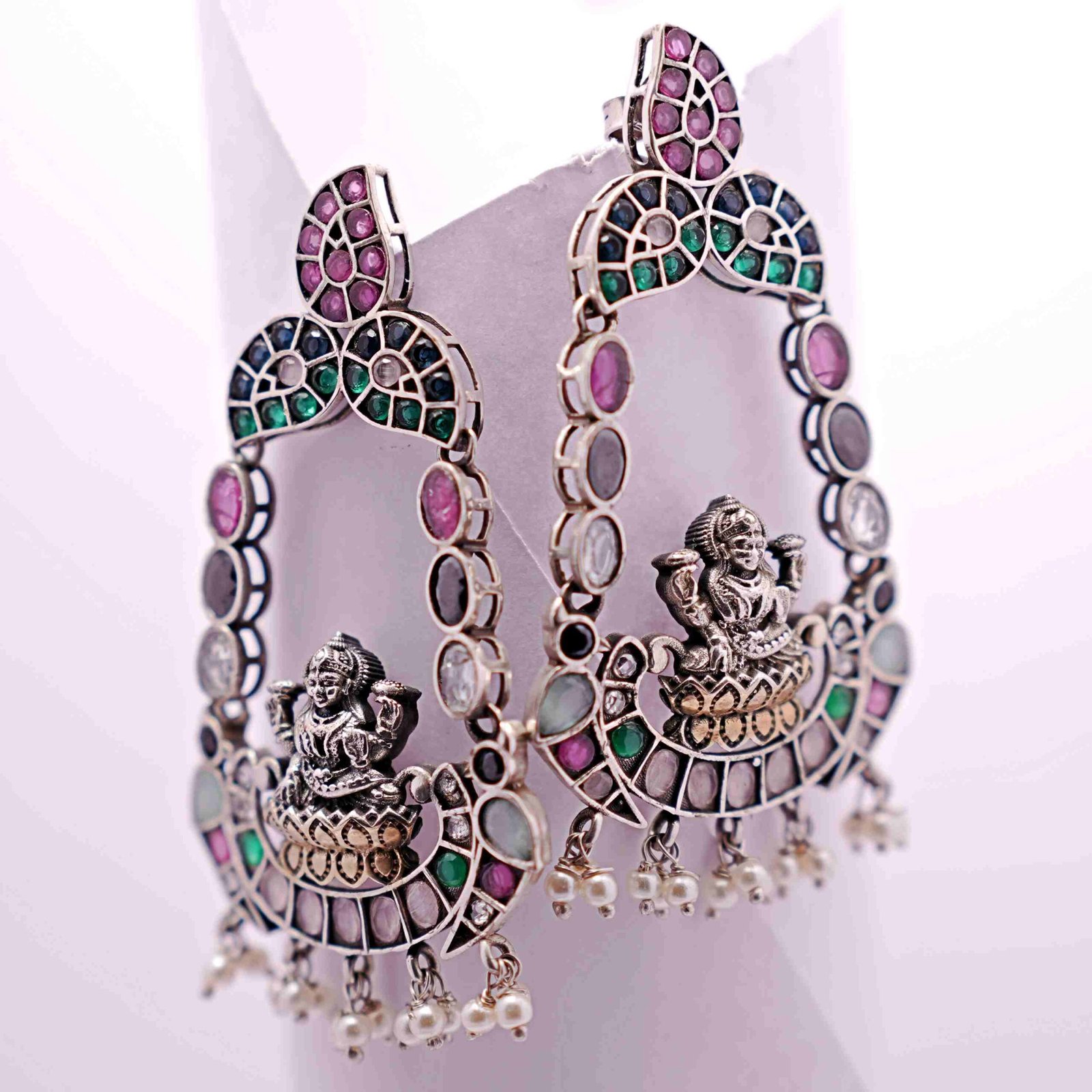 Silver Lakshmi Ji Gold Stone Work Fusion Earrings - Image 3