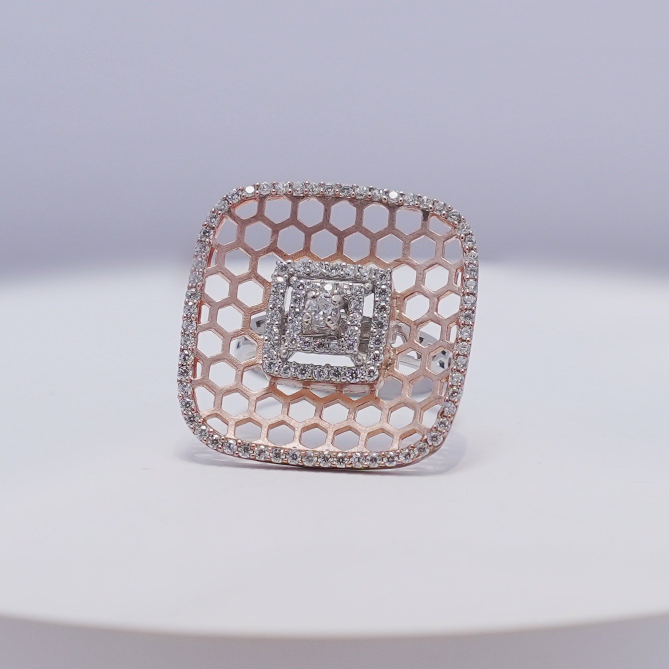 Rose Plated Square Modern Honeycomb AD Modern Ring