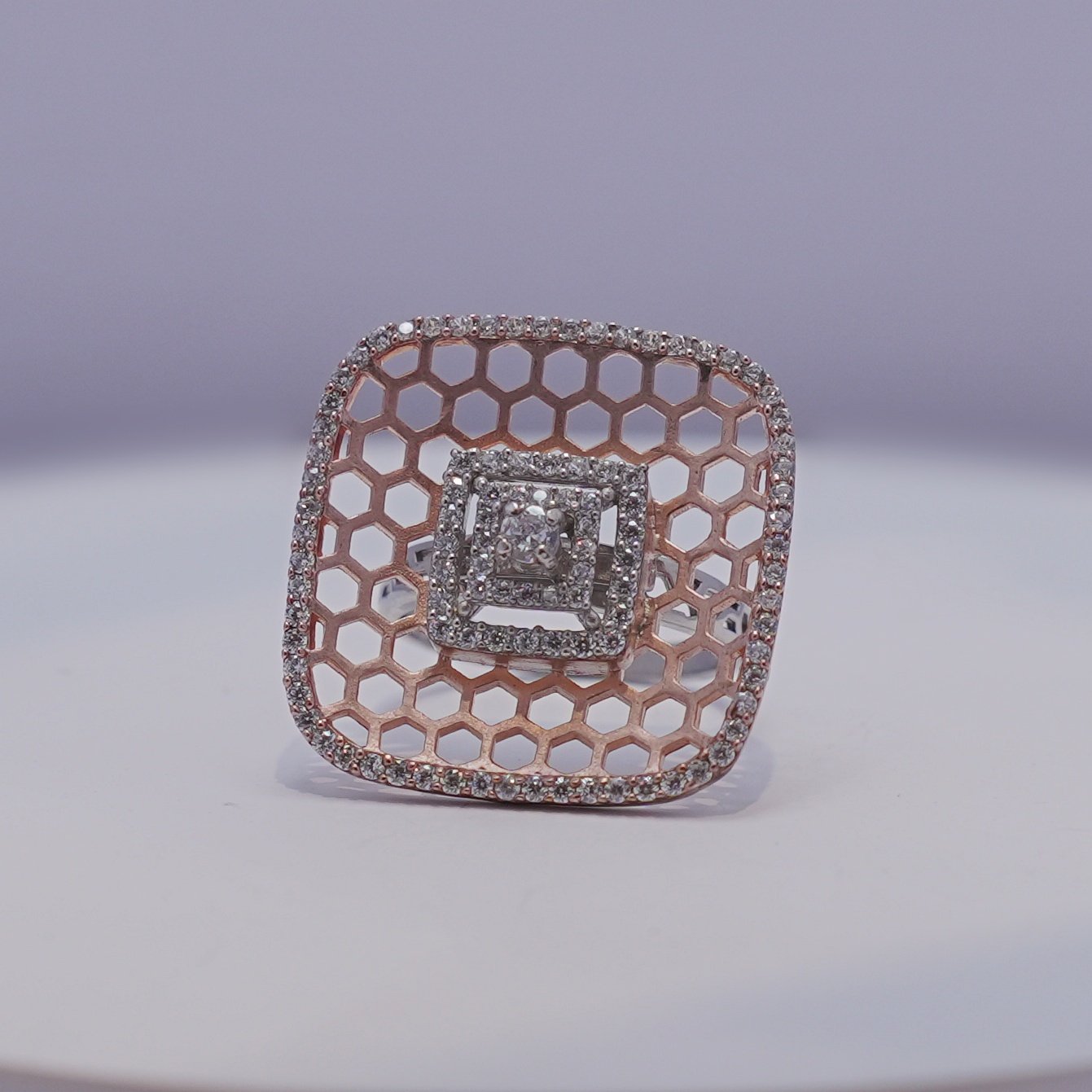 Rose Plated Square Modern Honeycomb AD Modern Ring - Image 2