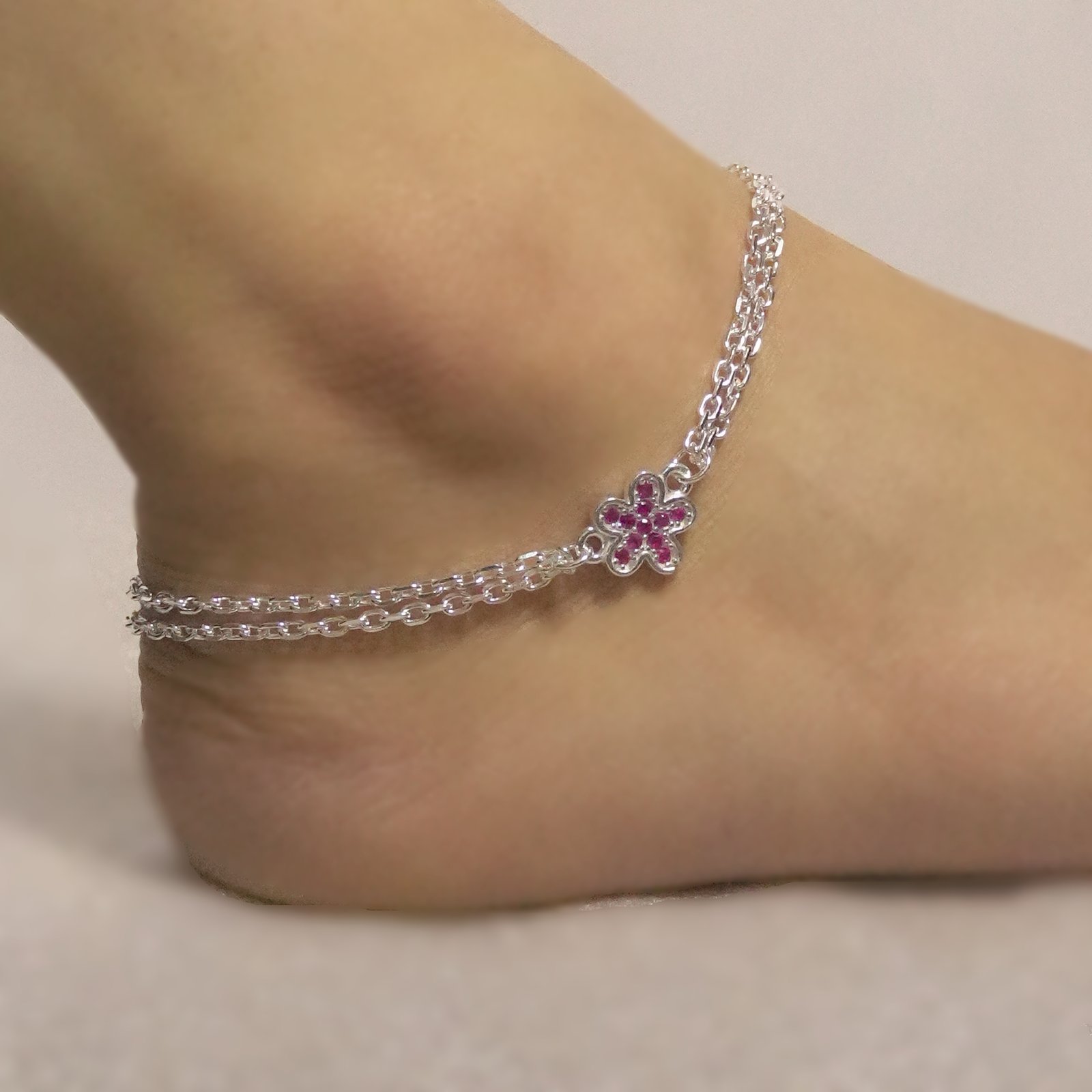 Sterling Silver Double Layer Floral design Anklet