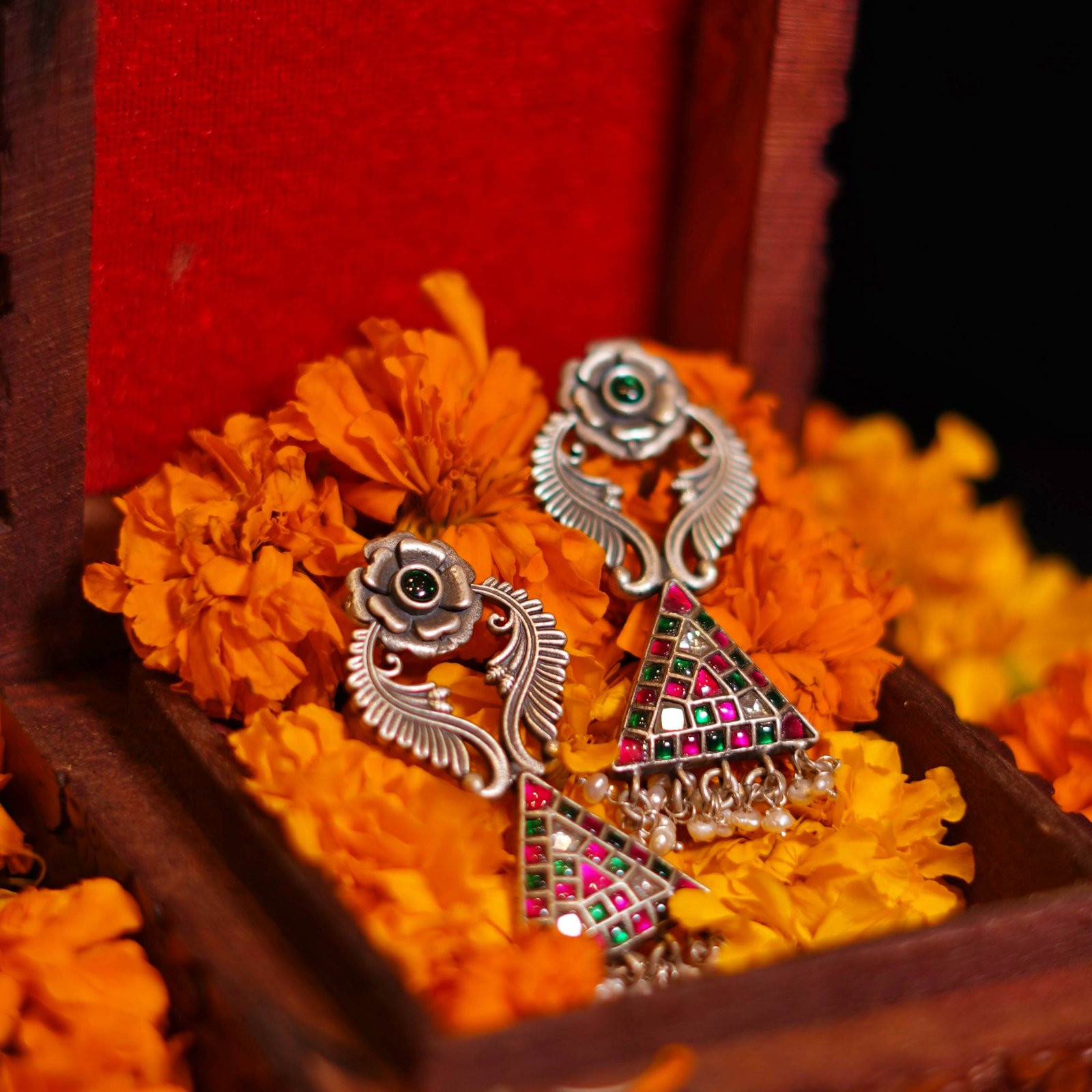 Silver Floral Triangle Stone Work Fusion Earrings