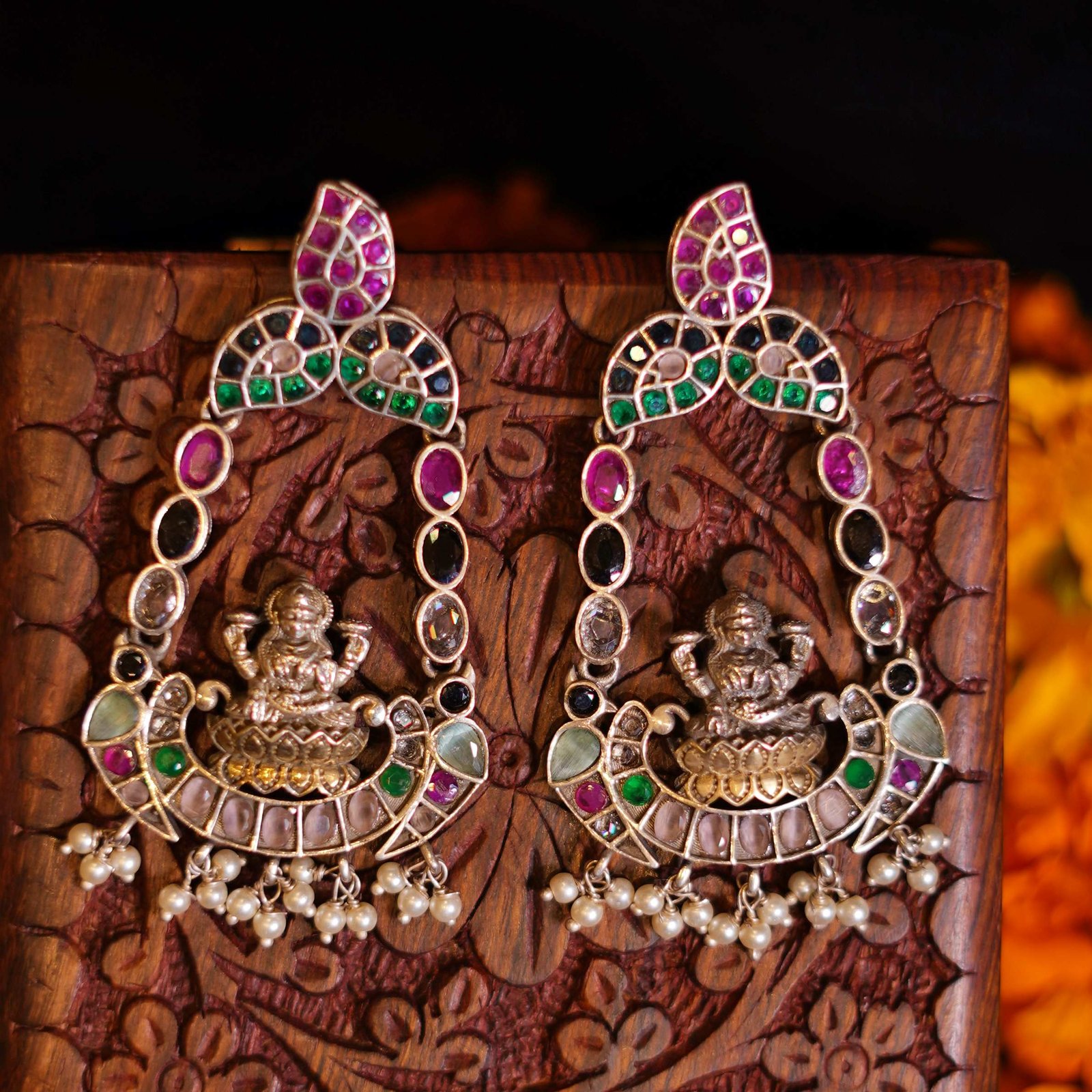 Silver Lakshmi Ji Gold Stone Work Fusion Earrings