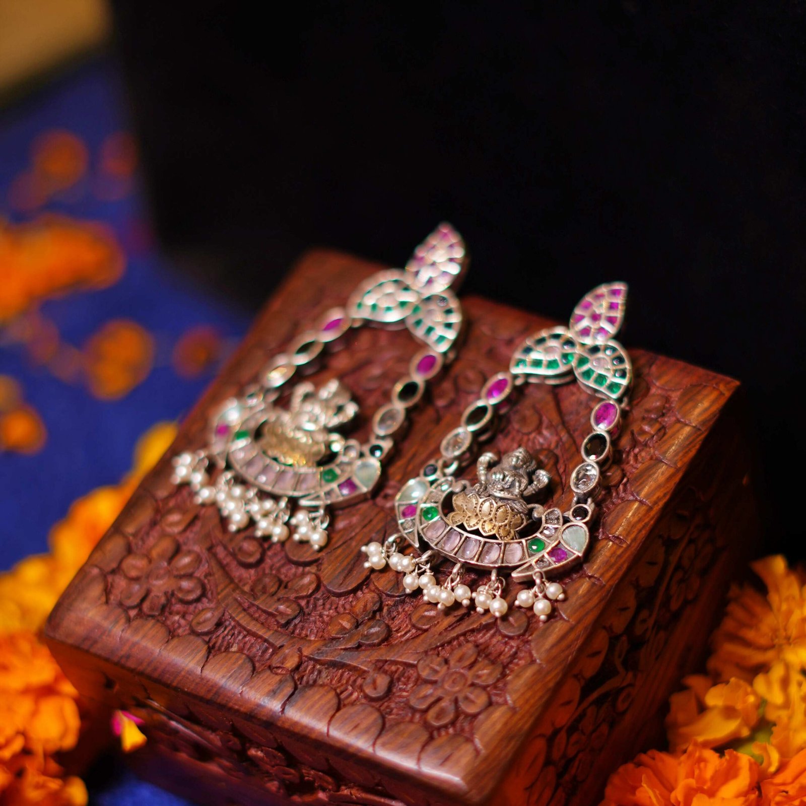 Silver Lakshmi Ji Gold Stone Work Fusion Earrings - Image 2