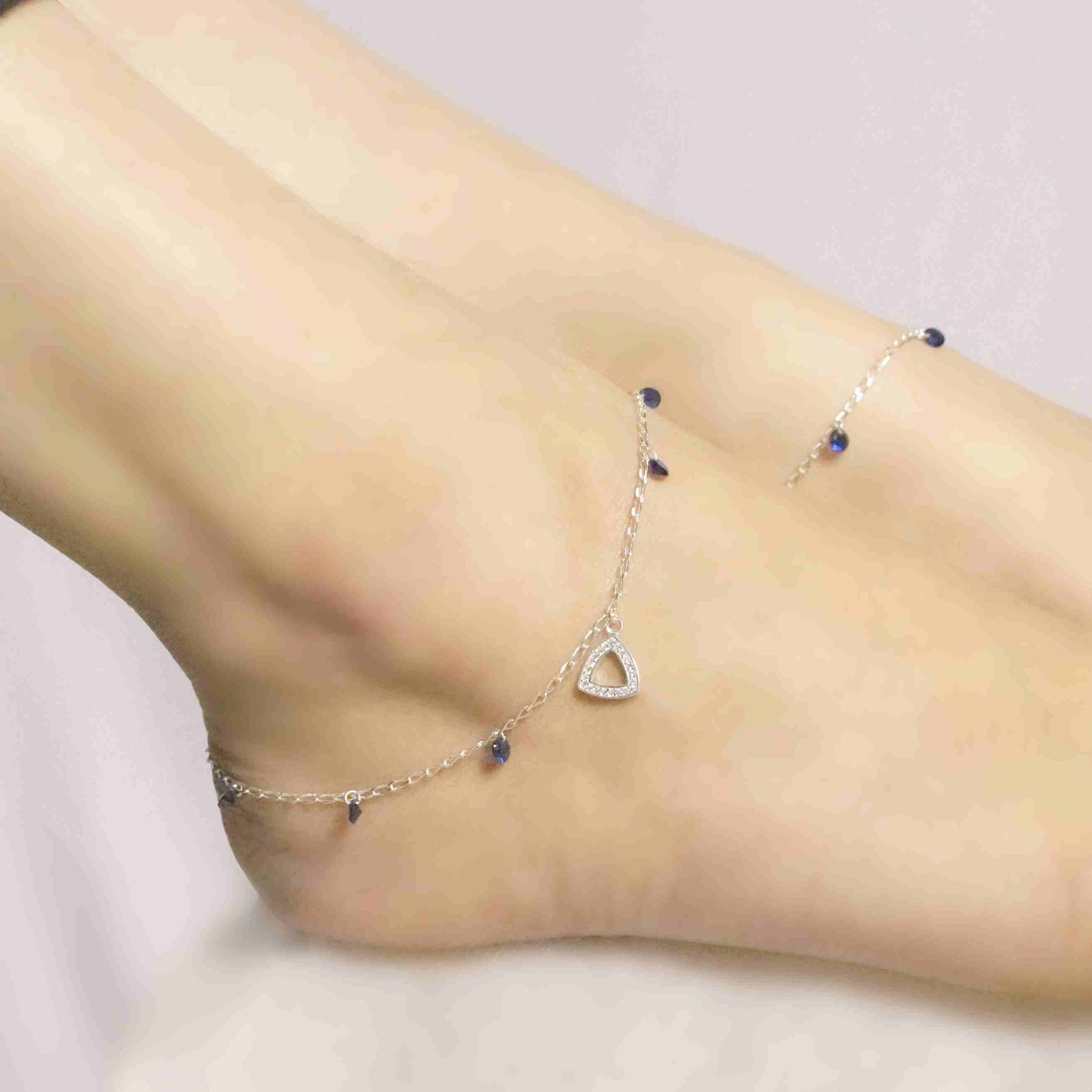 Sterling Silver Studded Blue American Diamond Floral Chain White Anklet - Image 2