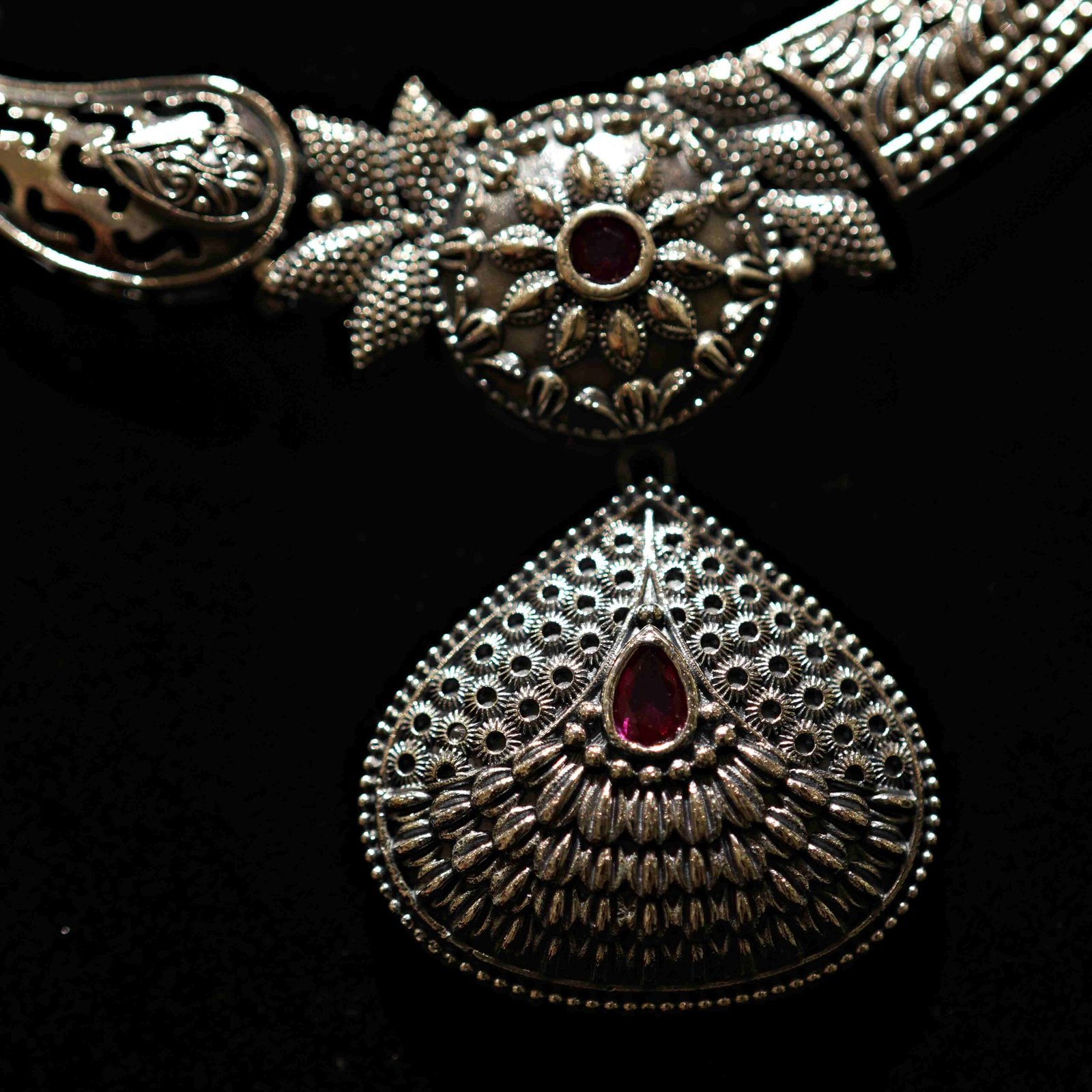 Silver Pink Stone AD Necklace Set with Earrings - Image 2