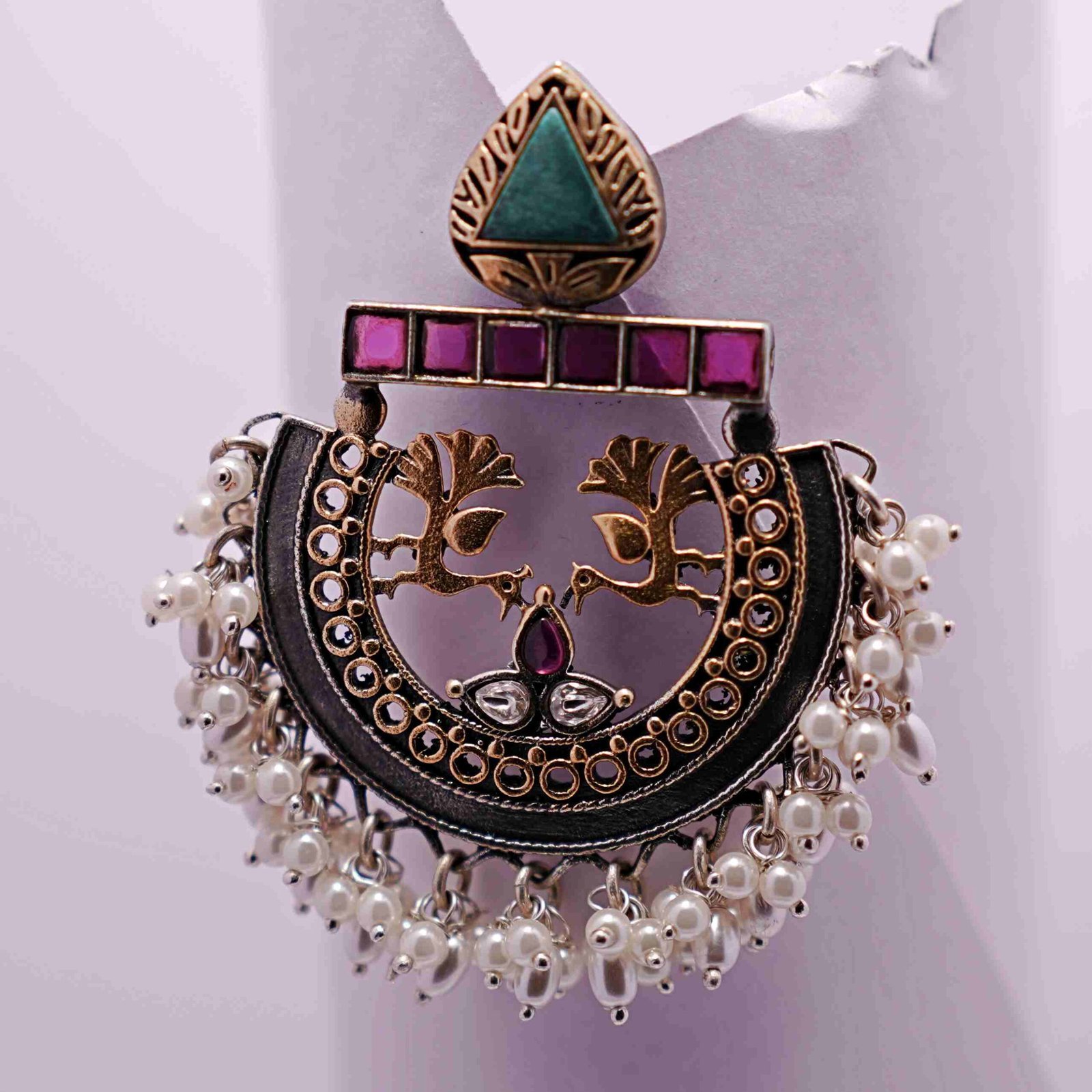 Silver Peachock Hemisphere Moti Fusion Earrings - Image 3