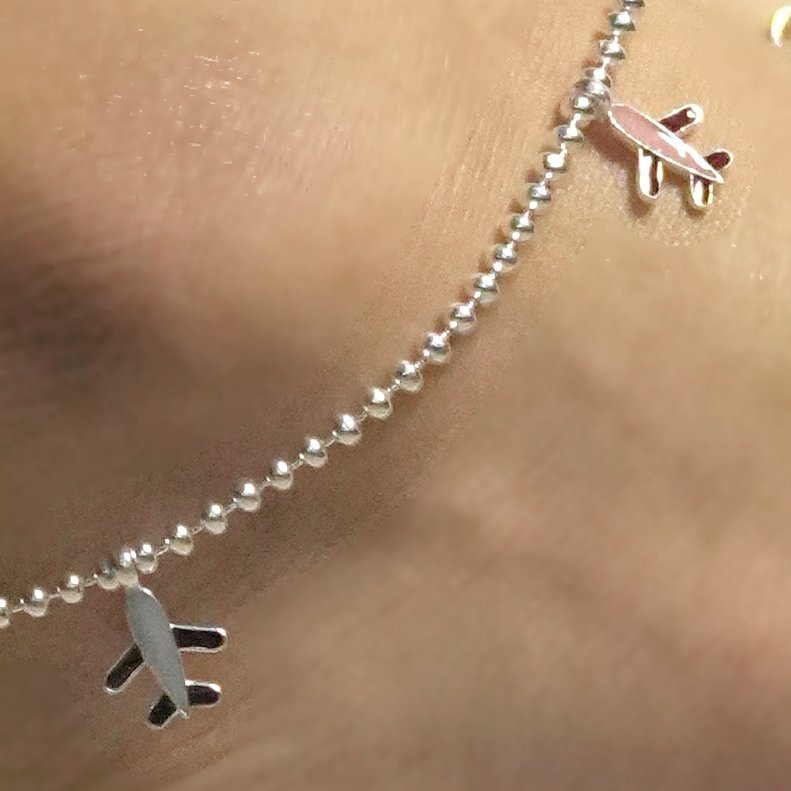 Sterling Silver Charm Airplan Moti Chain Anklet - Image 3