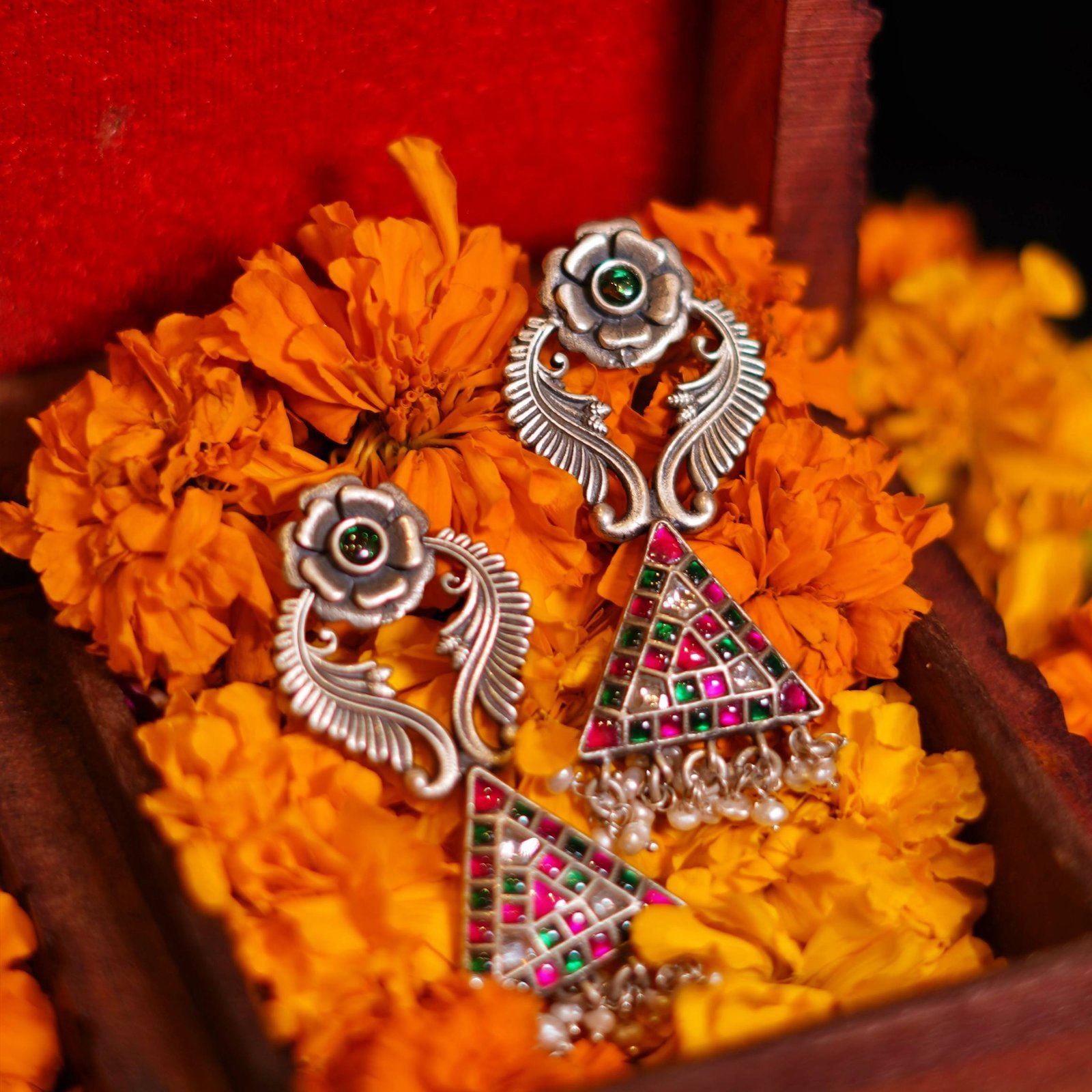 Silver Floral Triangle Stone Work Fusion Earrings - Image 2