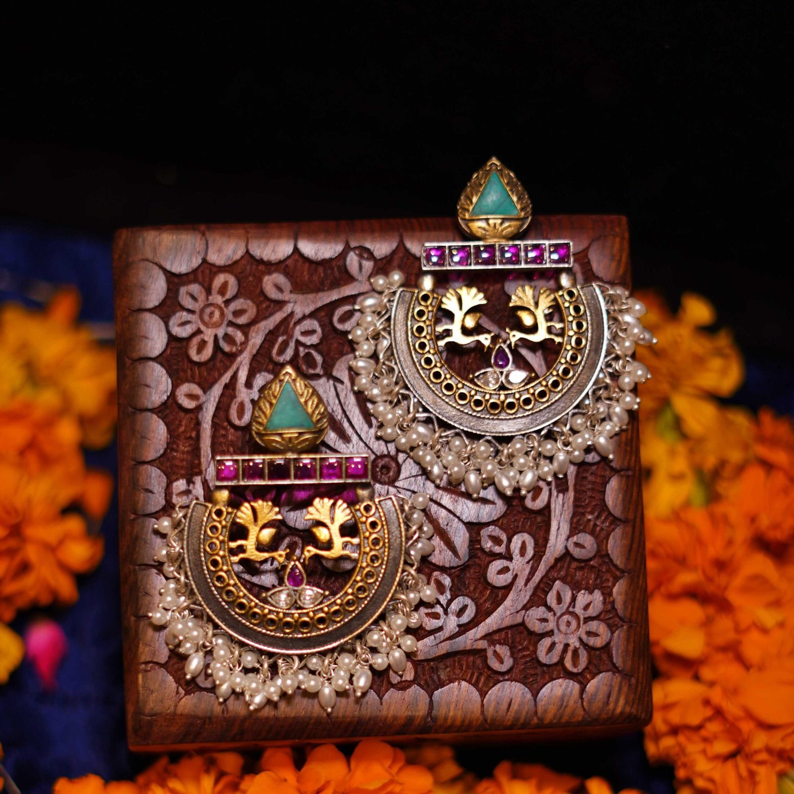 Silver Peachock Hemisphere Moti Fusion Earrings - Image 2