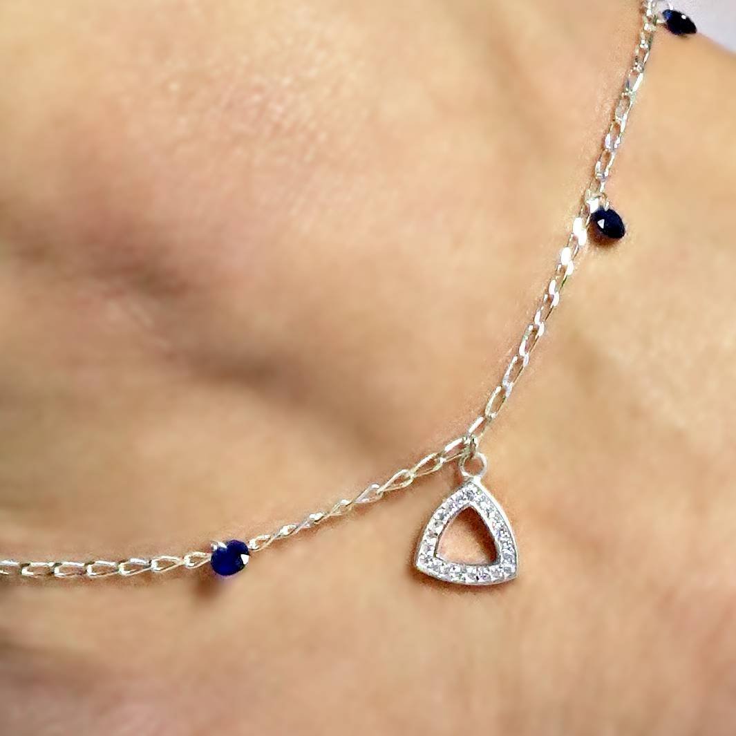 Sterling Silver Studded Blue American Diamond Floral Chain White Anklet - Image 4