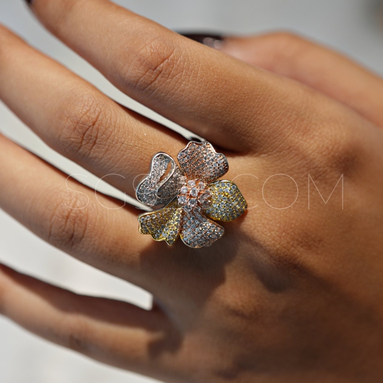 Rose & Gold Plated Floral Modern AD Ring - Image 2