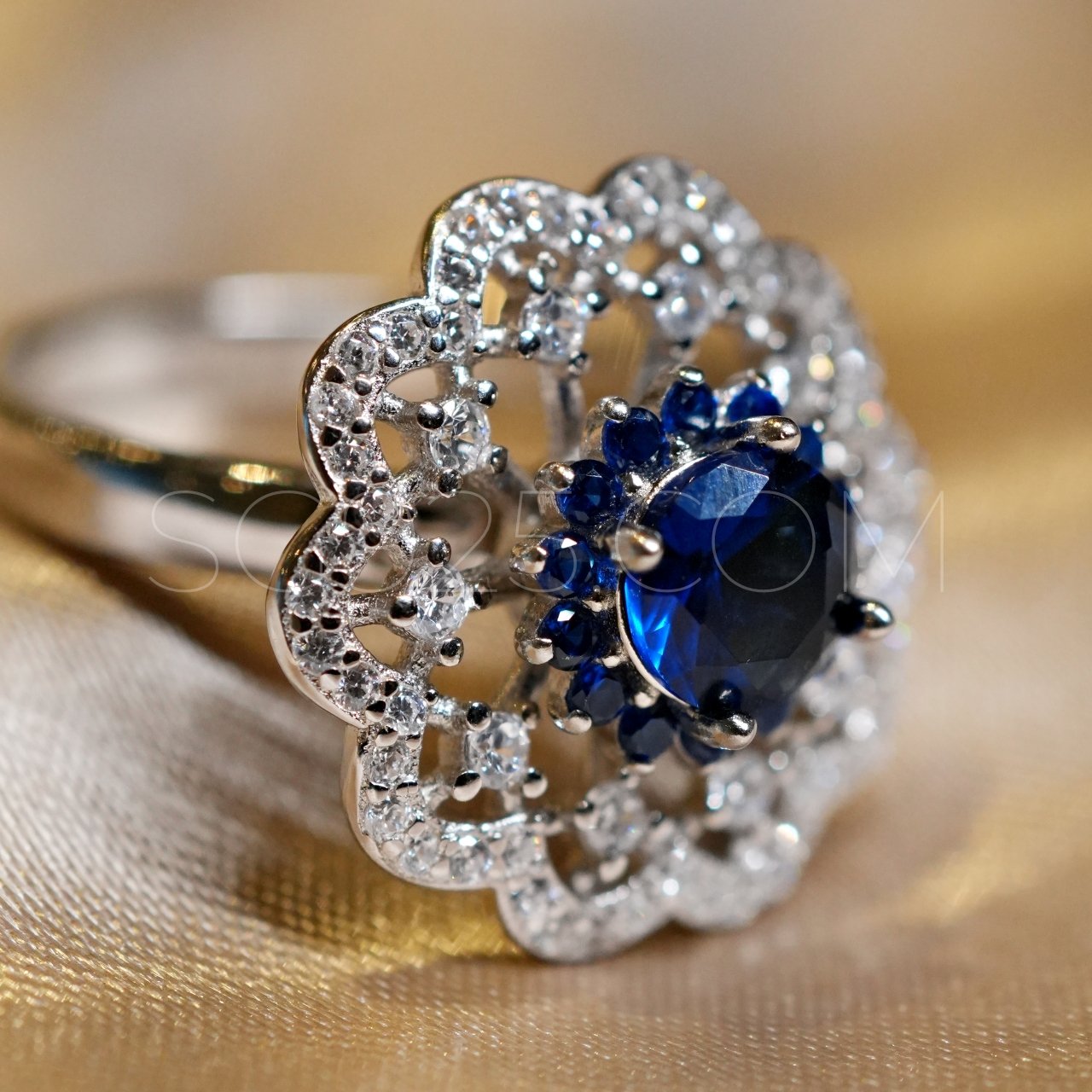 Silver Royal Blue Cutstone AD Modern Floral Rotatable Ring - Image 5