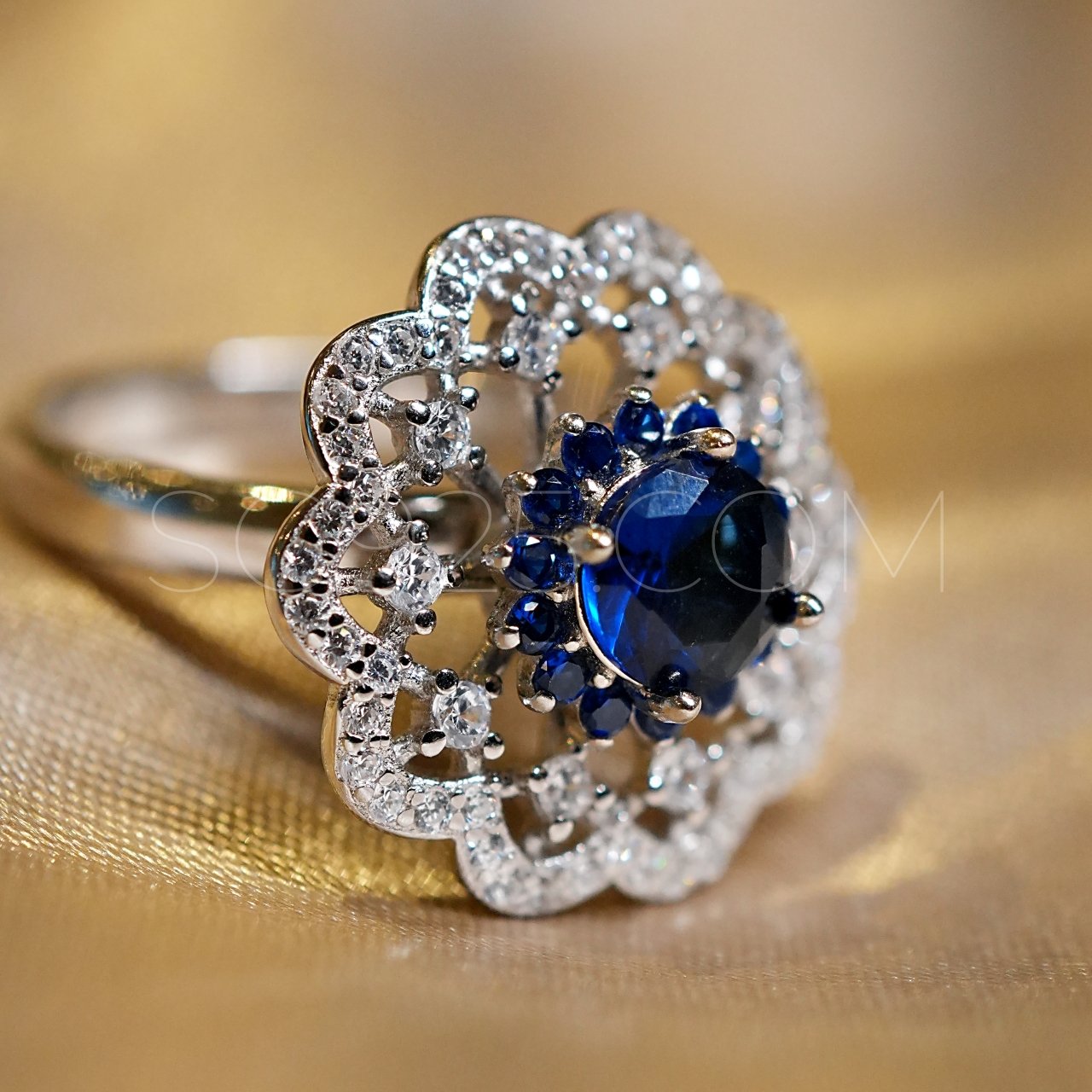 Silver Royal Blue Cutstone AD Modern Floral Rotatable Ring - Image 6